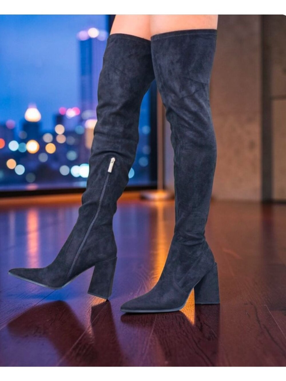Over-The-Knee Black Faux Suede Heeled Boots With Side Zipper & Pointed Toe Women